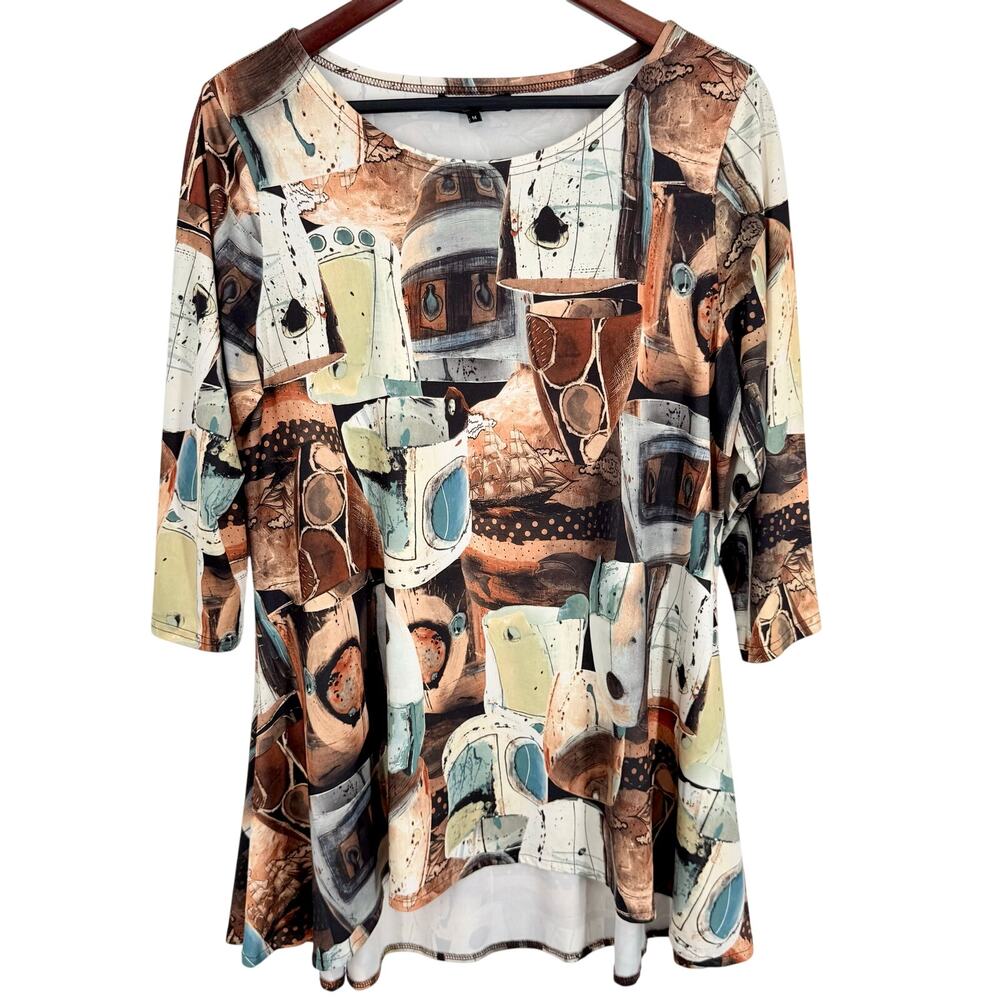 LIOR Paris Womens Medium Wearable Art Stretchy Artsy Pottery Blouse Shirt Top